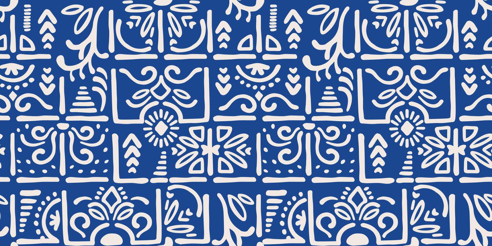 Ethnic blue seamless patterns with azulejo elements. Modern abstract design for paper, cover, fabric, interior decor and other use vector