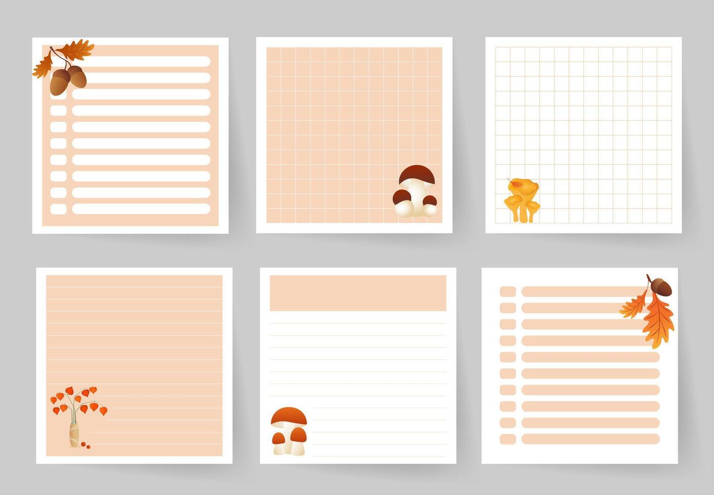 A set of notebook pages with cute autumn design. Template for planning, to-do list, daily schedule, sheet for notes and other reminders. vector