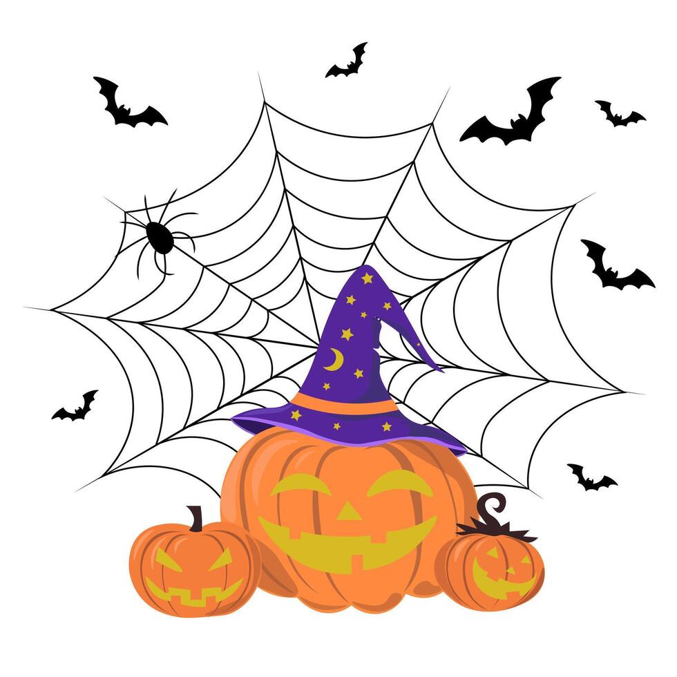 Halloween pumpkin lanterns of background whith cobweb with spider and bats vector