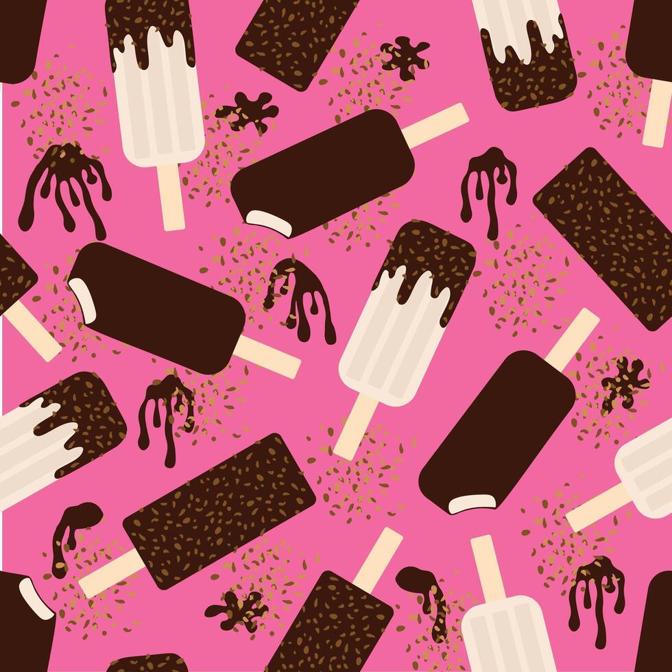 pattern with ice cream sundae in chocolate glaze with nuts on a stick on a pink background vector