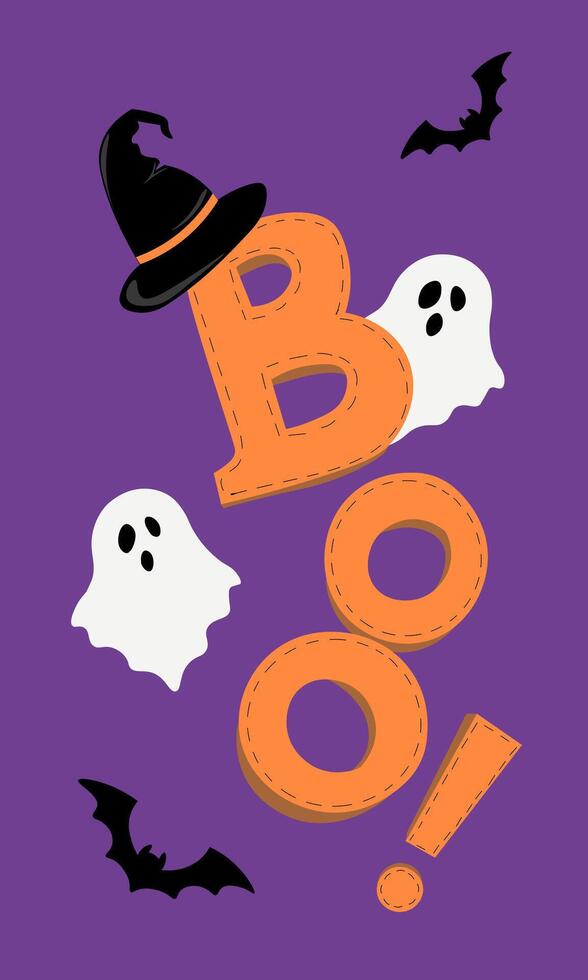 Halloween boo ghost, witch hat, bat vector