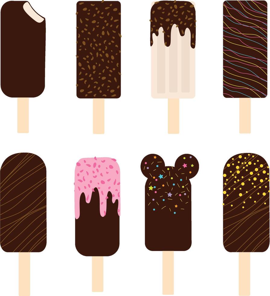 Set of popsicles in chocolate on a stick vector