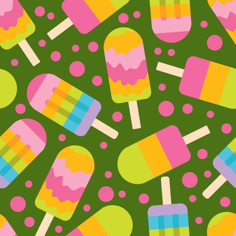 pattern with multi-colored ice cream fruit ice on a stick on a green background vector