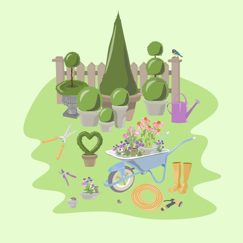 illustration work in the garden haircut, watering, flowers, bushes, bird, mouse, secateurs, scissors, hose, watering can, fence, pot, wheelbarrow, boots vector
