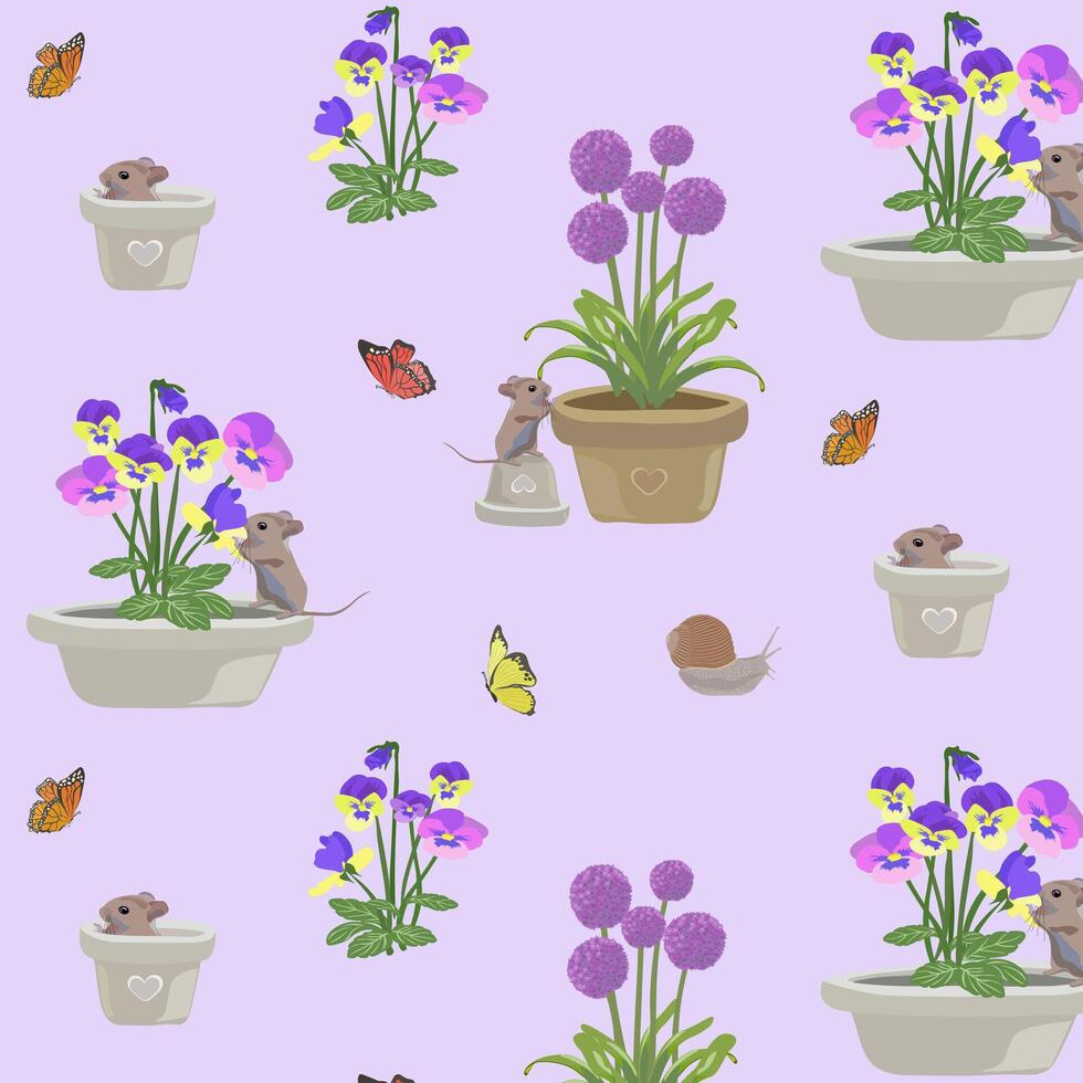 Spring pattern with mice, butterflies, snail and allium flowers and violets on purple background vector