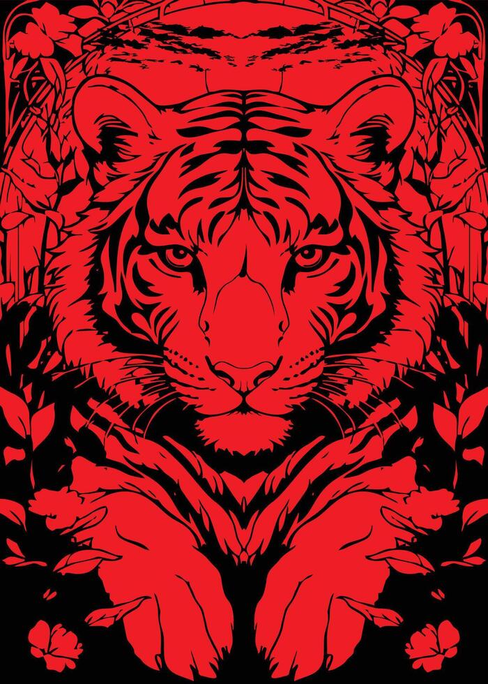 The background features red abstract stripes, inspired by tiger patterns and leaves vector