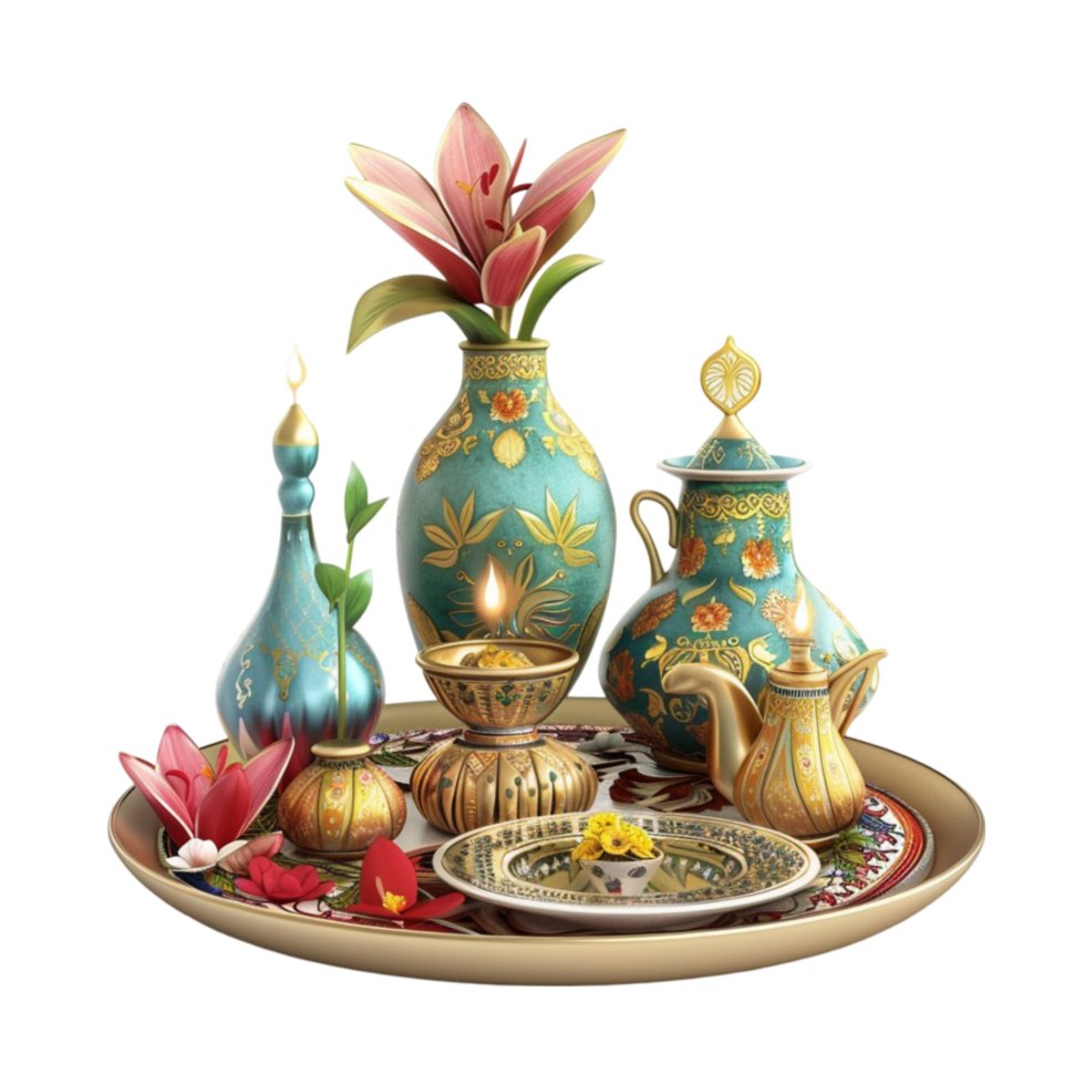 an ornate vase with flowers and candles on a tray on transparent background. png
