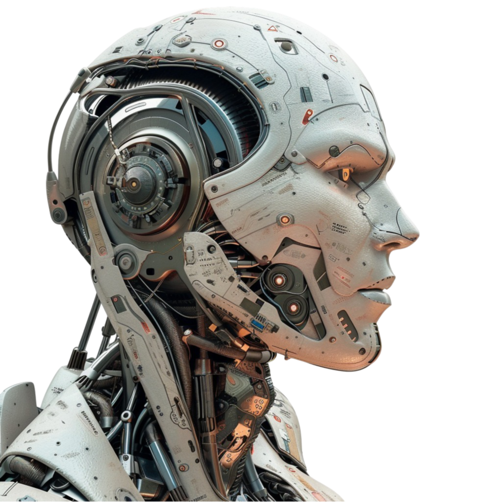 a robot head with a face and a mechanical body on transparent background. png