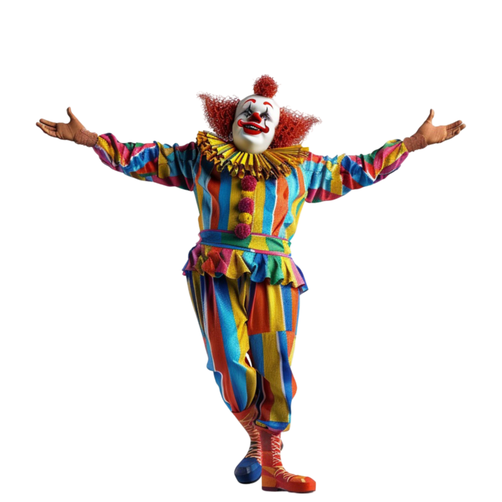 A clown in a colorful costume standing on transparent background. png