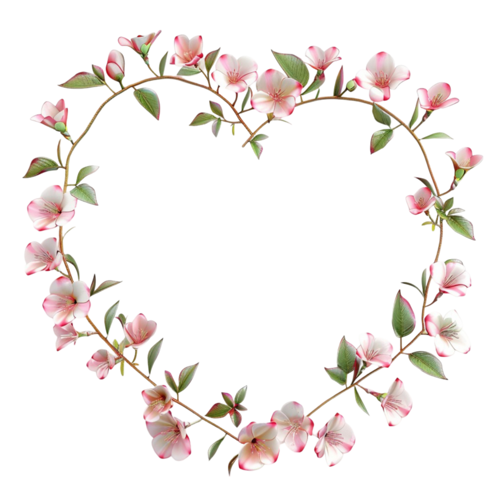 a heart shaped frame made of pink flowers on transparent background. png