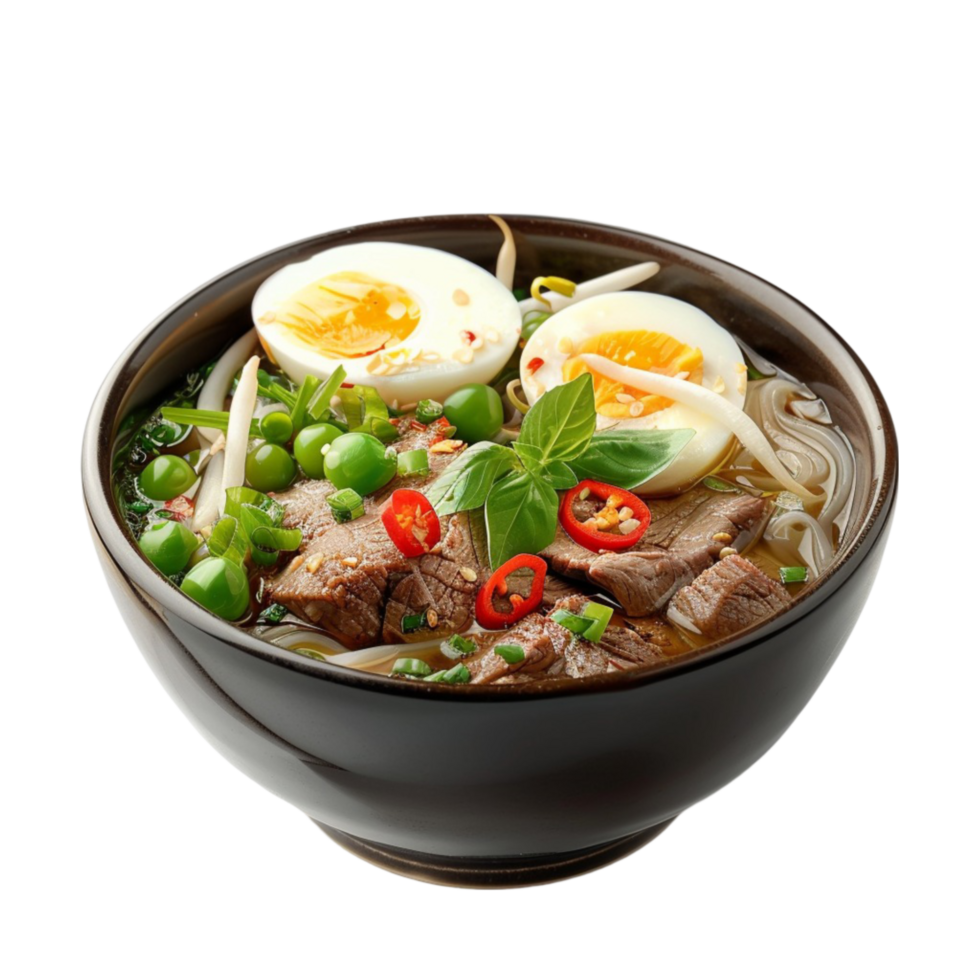 noodle soup with beef, egg, green onion, and vegetables on transparent background. png