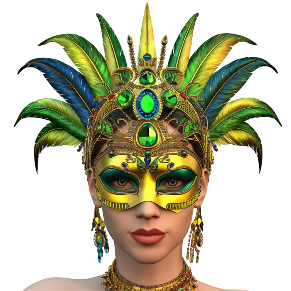 a woman wearing a mask with feathers and gold on transparent background. png