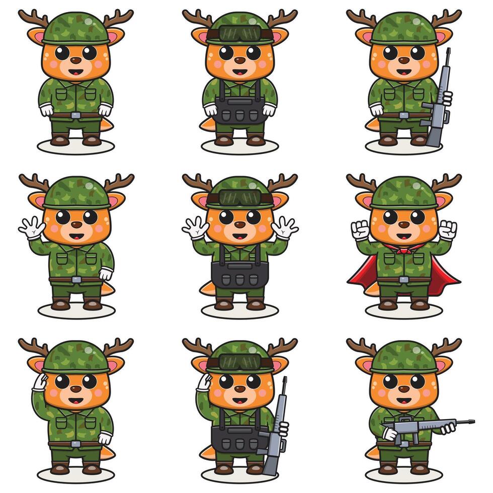 Cute Deer soldier in camouflage uniform. Cartoon funny Deer soldier character with helmet and green uniform in different positions. Funny Animal illustration Set. vector