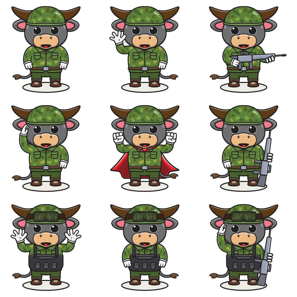 Cute Buffalo soldier in camouflage uniform. Cartoon funny Buffalo soldier character with helmet and green uniform in different positions. vector