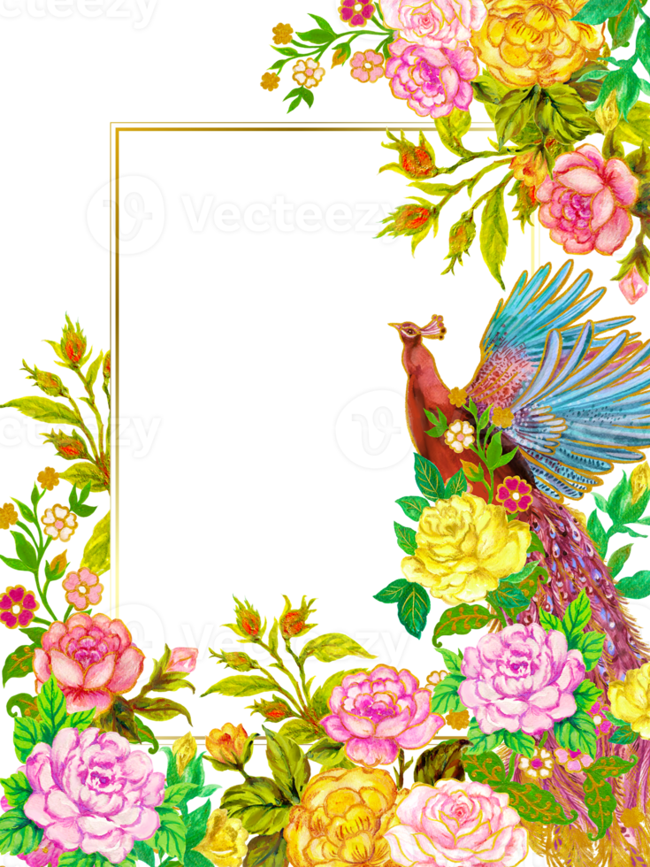 Paradise pheonix bird firebird in rose garden frame border template png