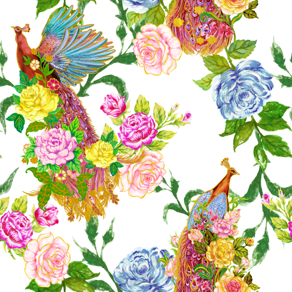 Watercolor seamless pattern paradise phoenix bird and rose garden damask paisley tribal png