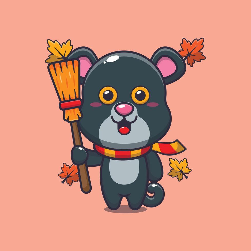Cute autumn panther holding broom. vector