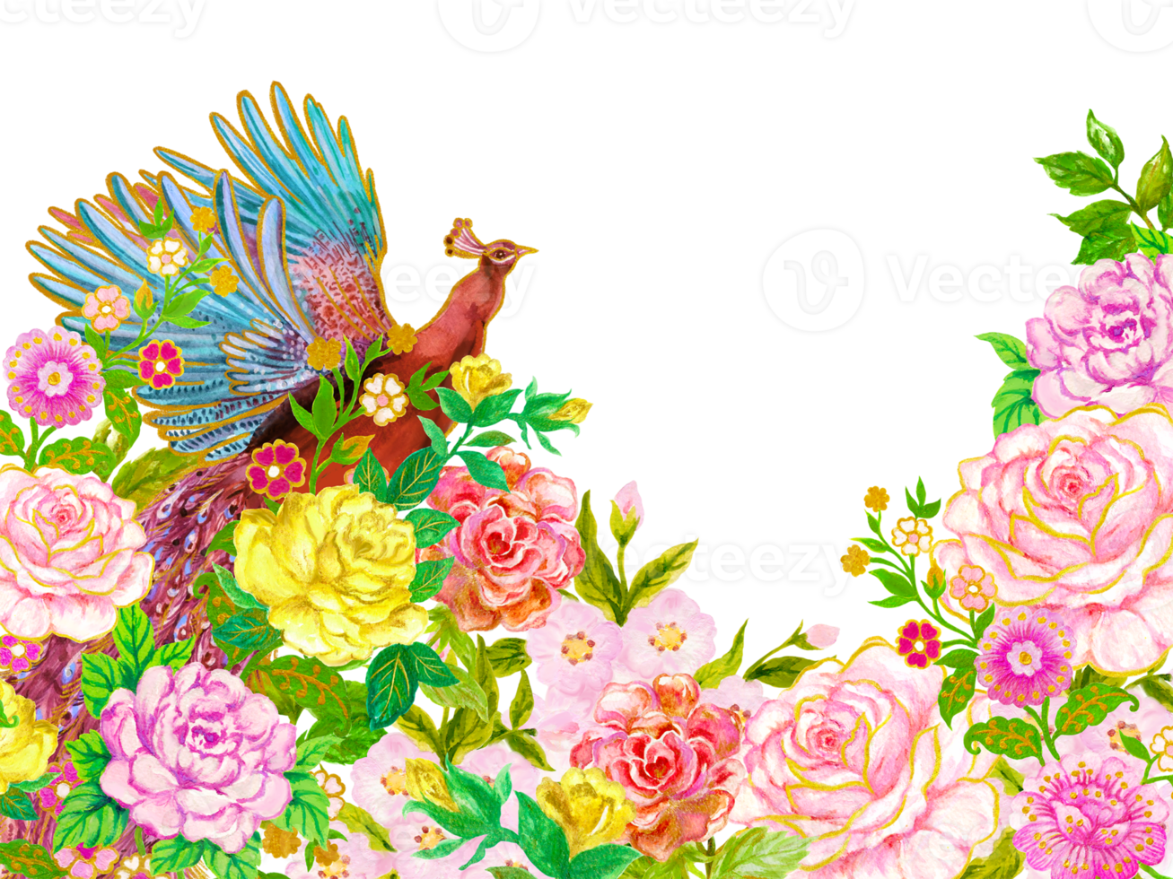 Paradise pheonix bird firebird in rose garden frame border template png
