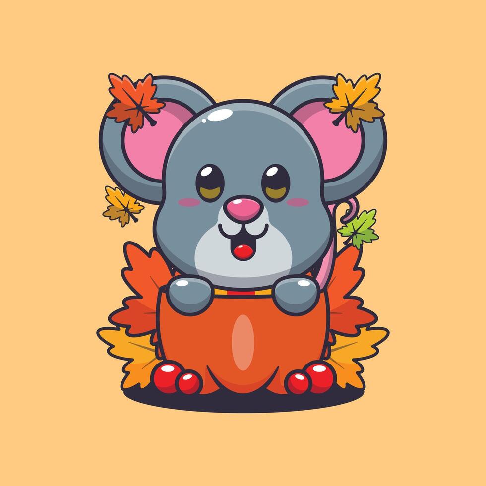 Cute mouse in a pumpkin at autumn season. vector