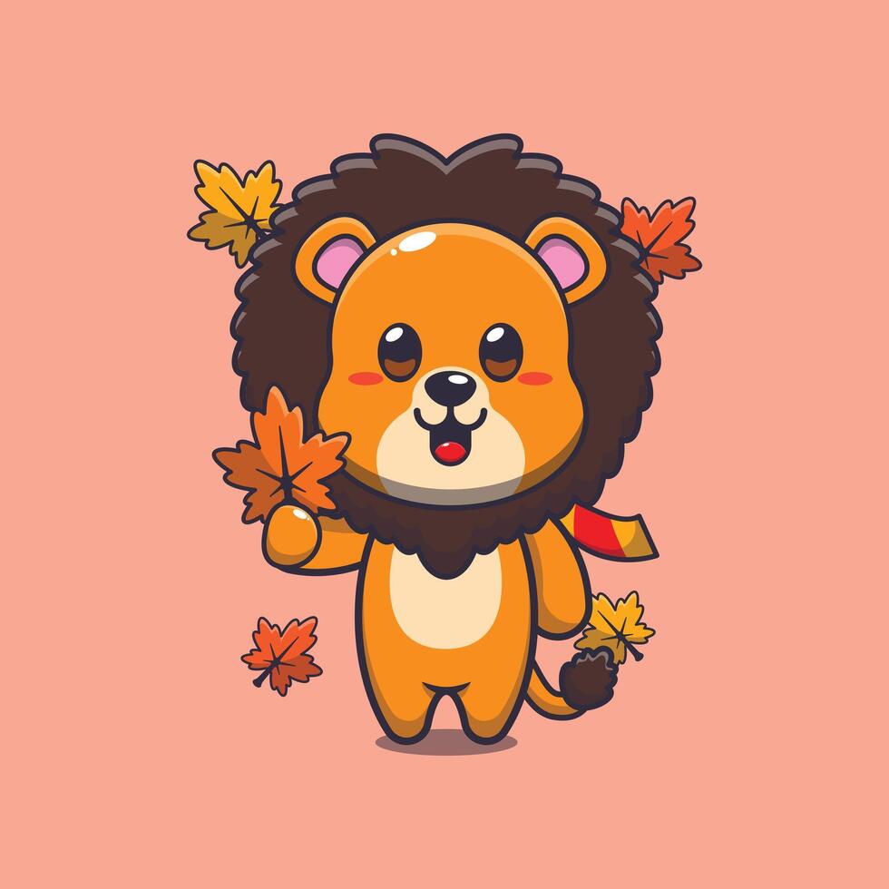 Cute lion holding autumn leaf. vector