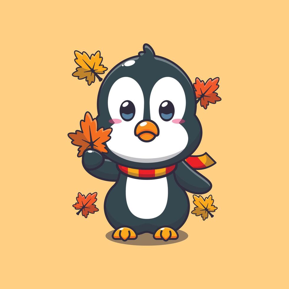 Cute penguin holding autumn leaf. vector