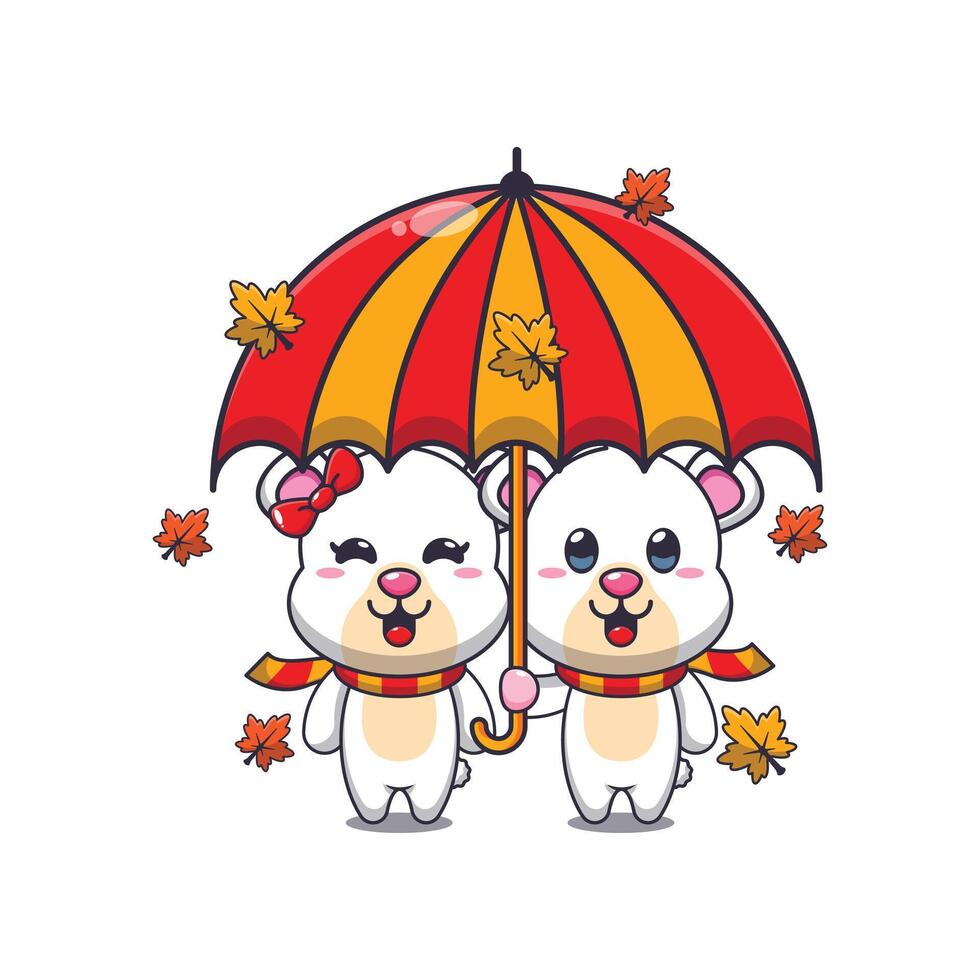 Cute couple polar bear with umbrella at autumn season. vector