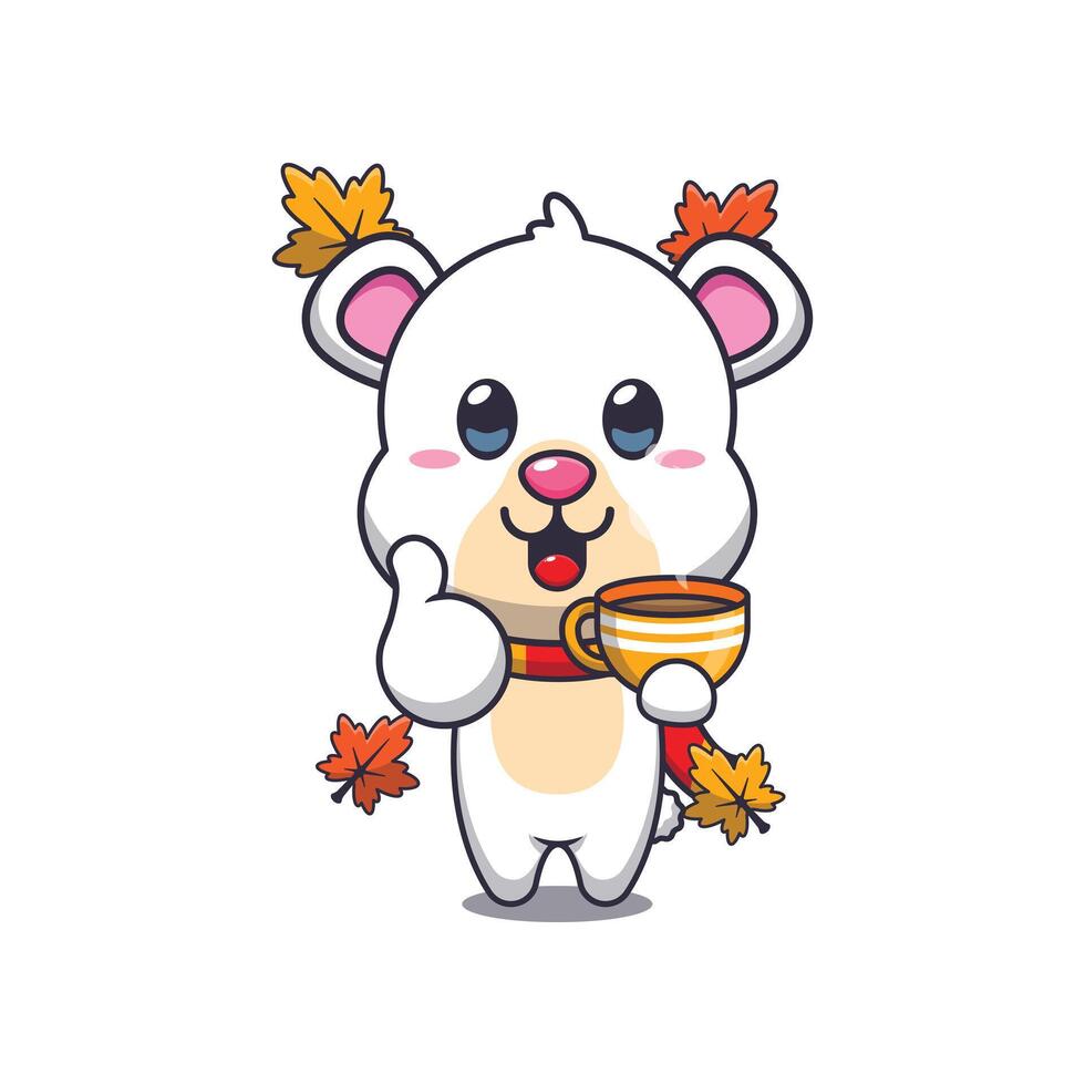 Cute polar bear with coffee in autumn season. vector