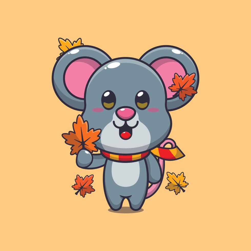 Cute mouse holding autumn leaf. vector