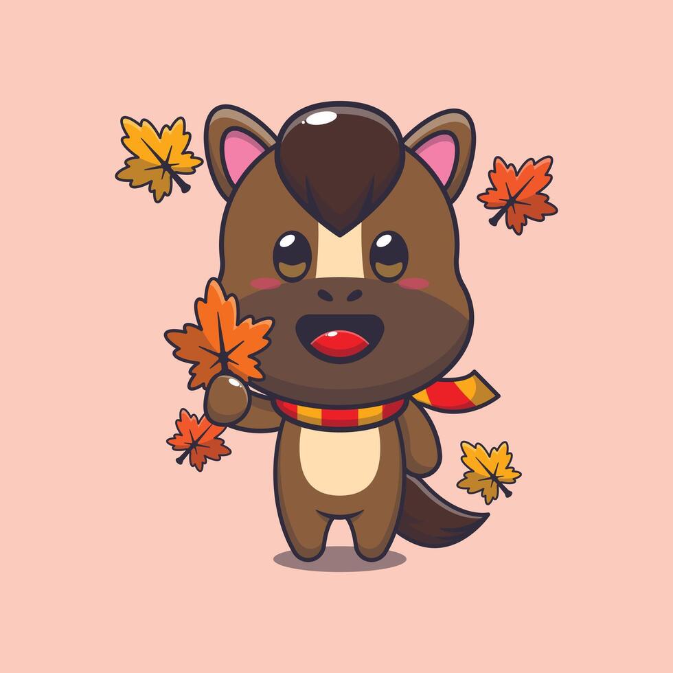 Cute horse holding autumn leaf. vector