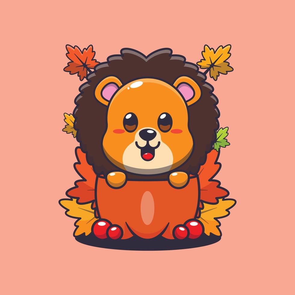 Cute lion in a pumpkin at autumn season. vector