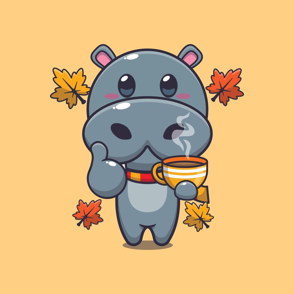 Cute hippo with coffee in autumn season. vector