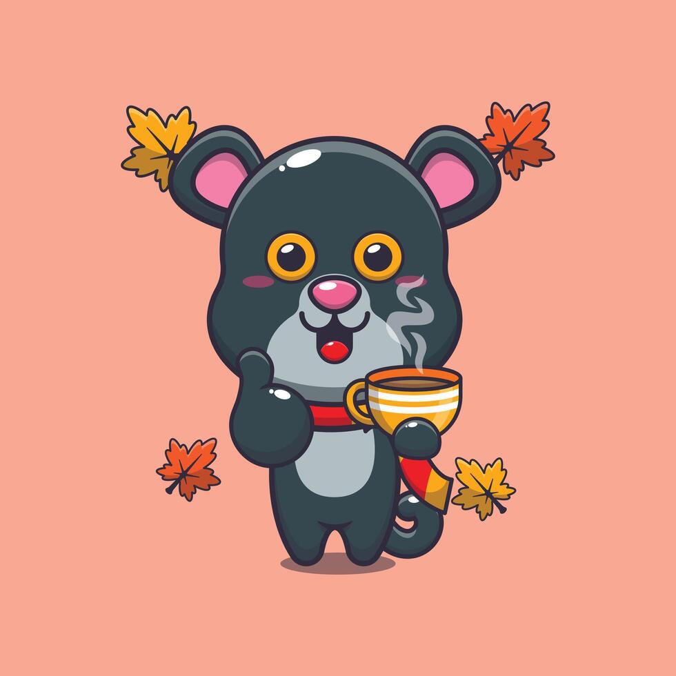 Cute panther with coffee in autumn season. vector