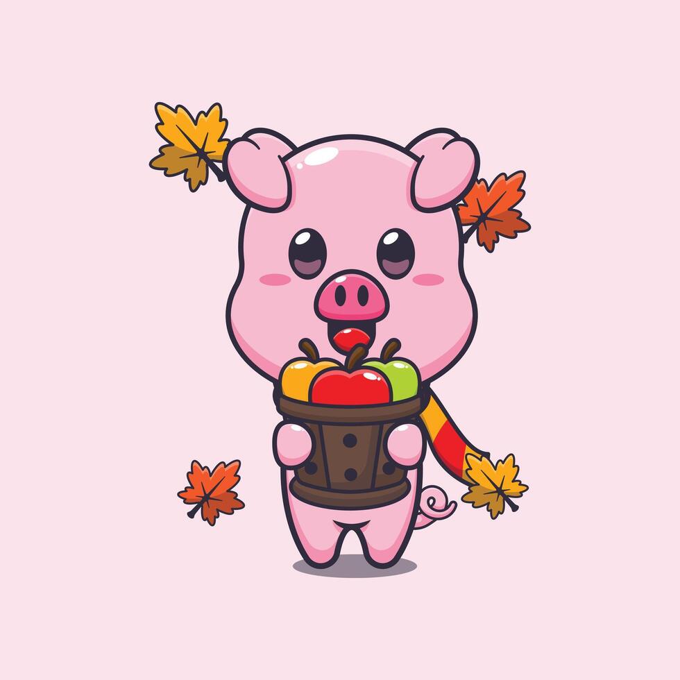 linda cerdo participación un manzana en madera balde. vector