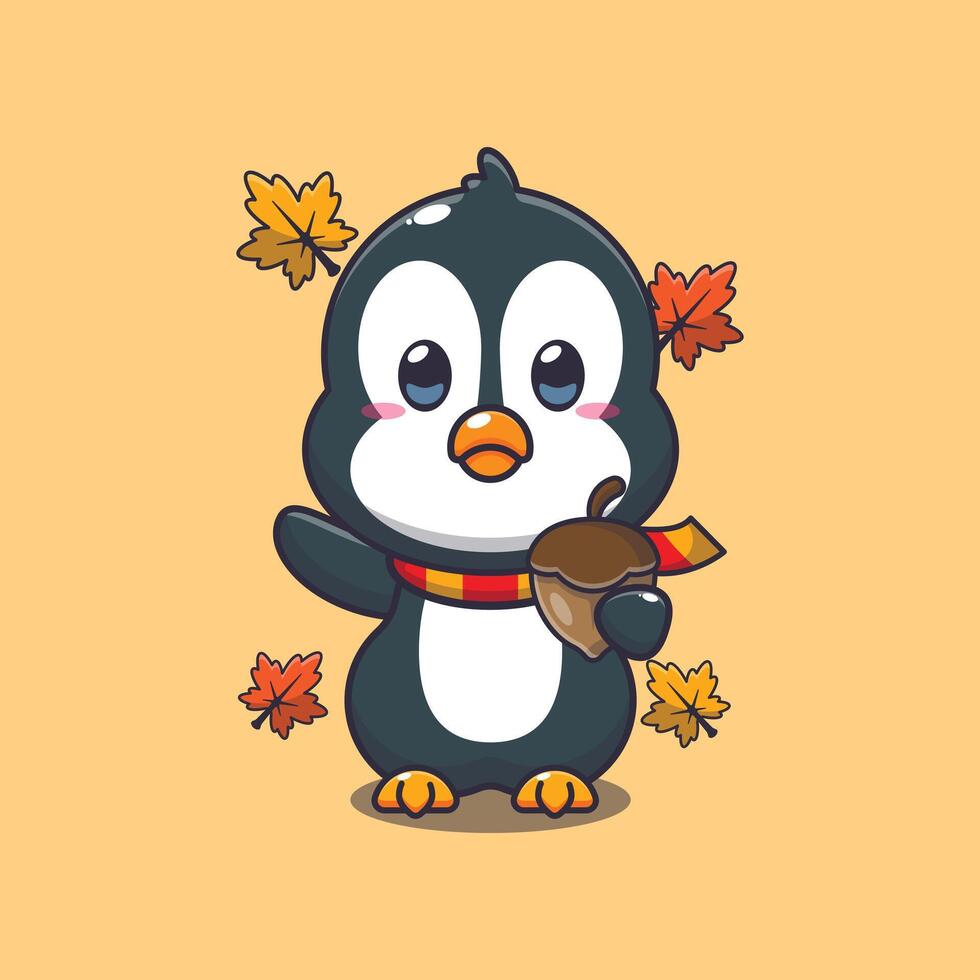 Cute penguin with acorns at autumn season vector