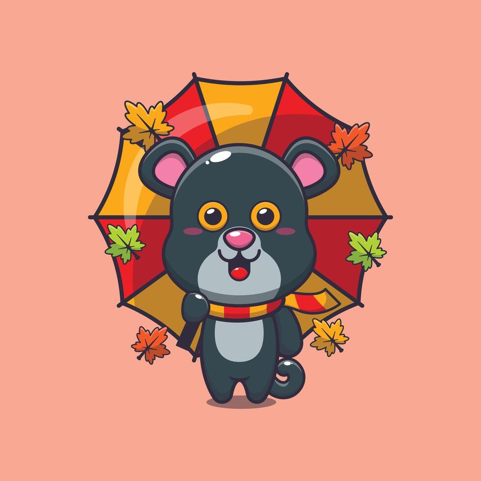 Cute panther with umbrella at autumn season. vector