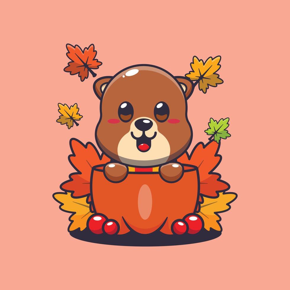 Cute otter in a pumpkin at autumn season. vector