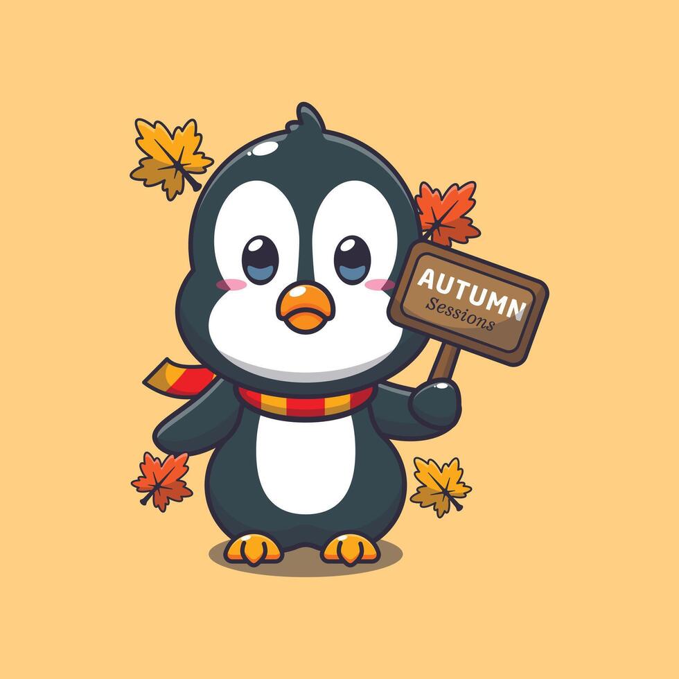 Cute penguin with autumn sign board. vector