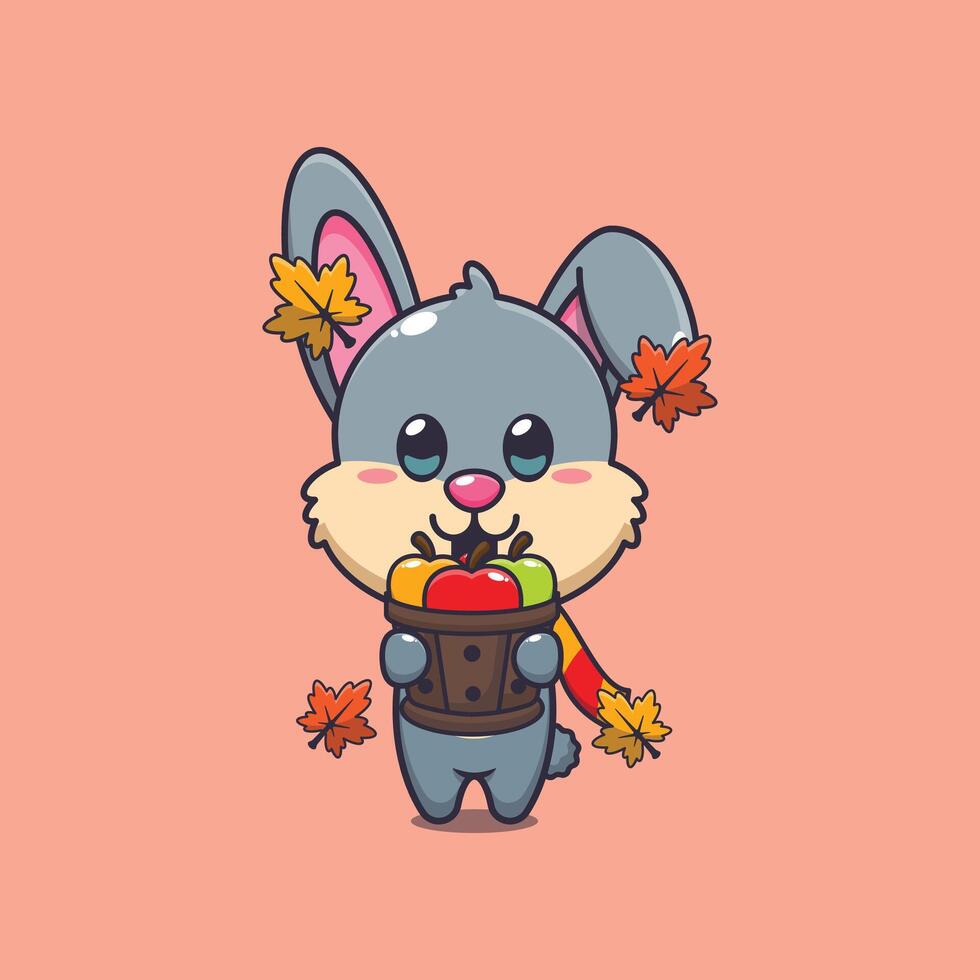 Cute rabbit holding a apple in wood bucket. Mascot cartoon illustration suitable for poster, brochure, web, mascot, sticker, logo and icon. vector