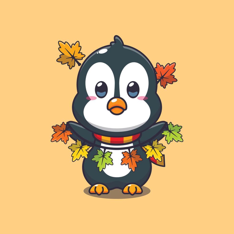 Cute penguin with autumn leaf decoration. vector