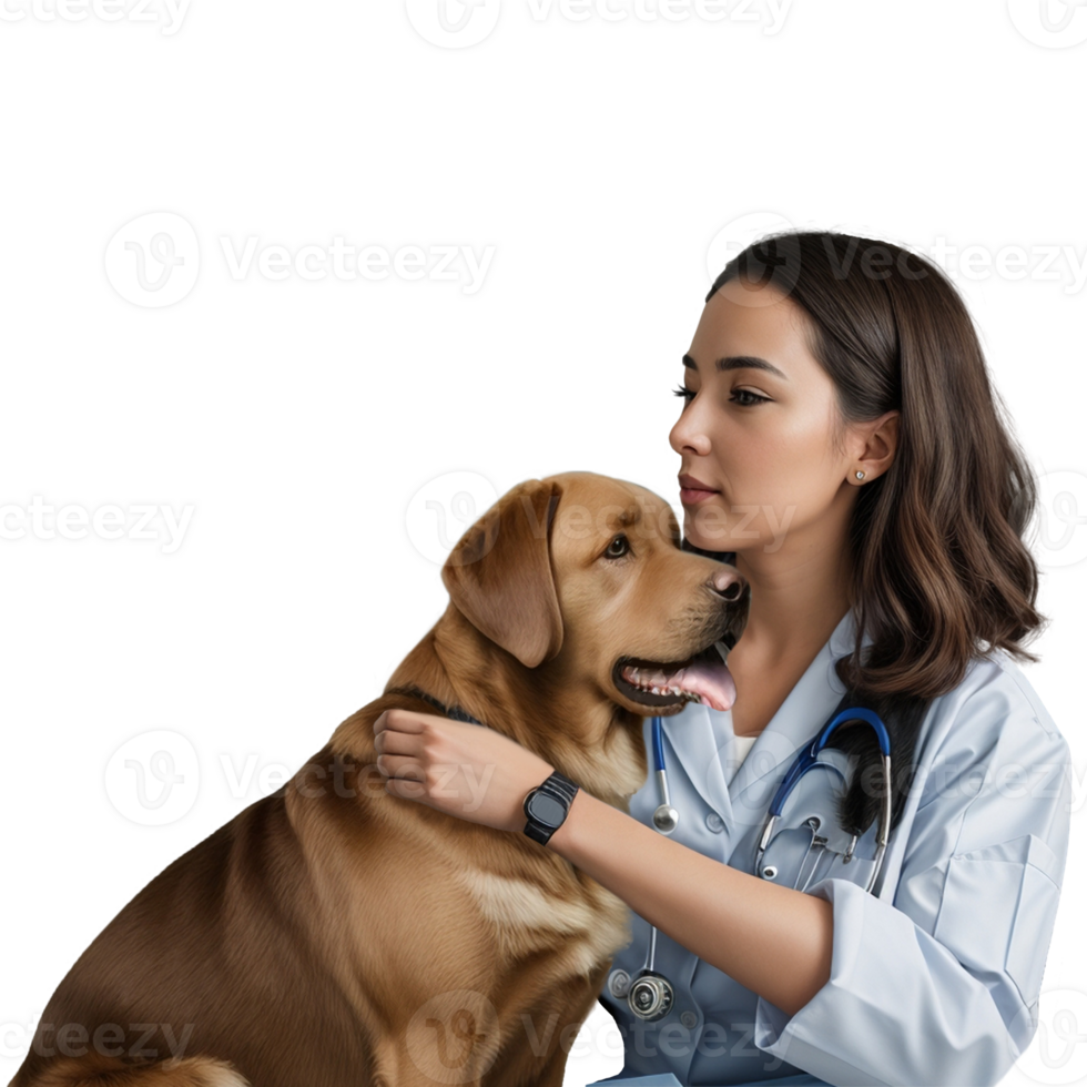 A veterinarian and a Labrador puppy at a veterinary clinic. Studio photo without background. Not real, created by AI. png