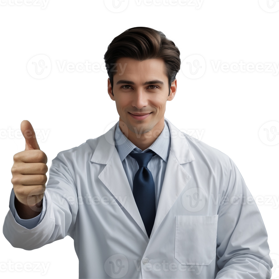 Young doctor shows a thumbs up, an OK gesture. Studio photo with no background. Not real, created by AI. png