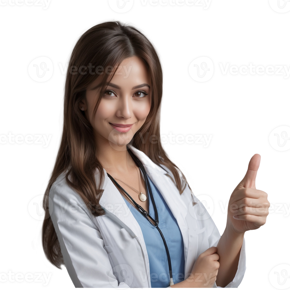 Doctor girl showing thumbs up, OK gesture. Studio photo with no background. Not real, created by AI png