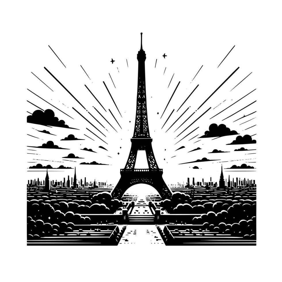 Black and White Illustration of the Eiffel Tower Sightseeing in Paris vector