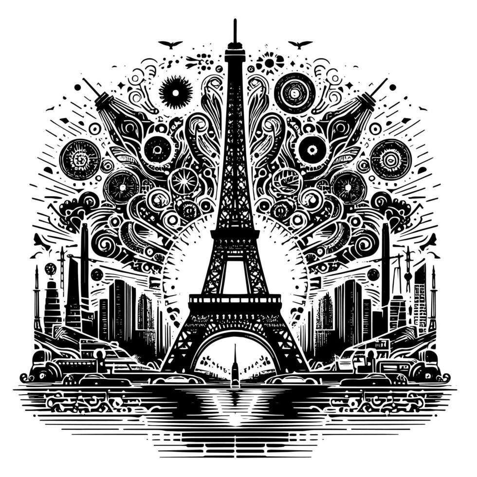 Black and White Illustration of the Eiffel Tower Sightseeing in Paris vector