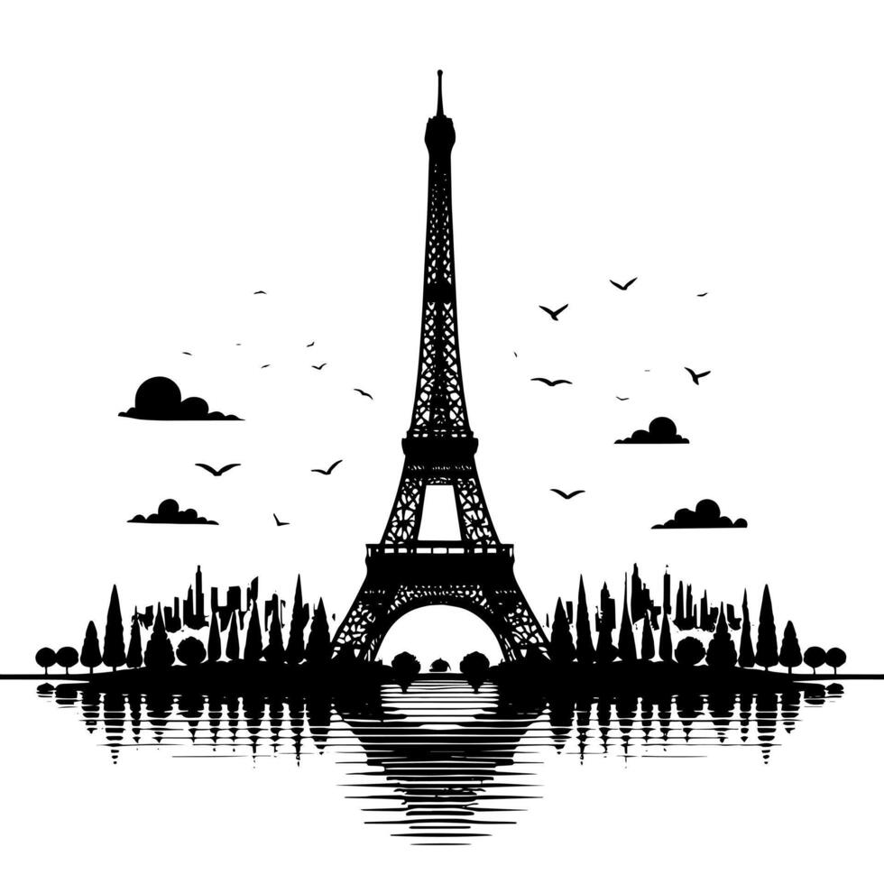 Black and White Illustration of the Eiffel Tower Sightseeing in Paris vector