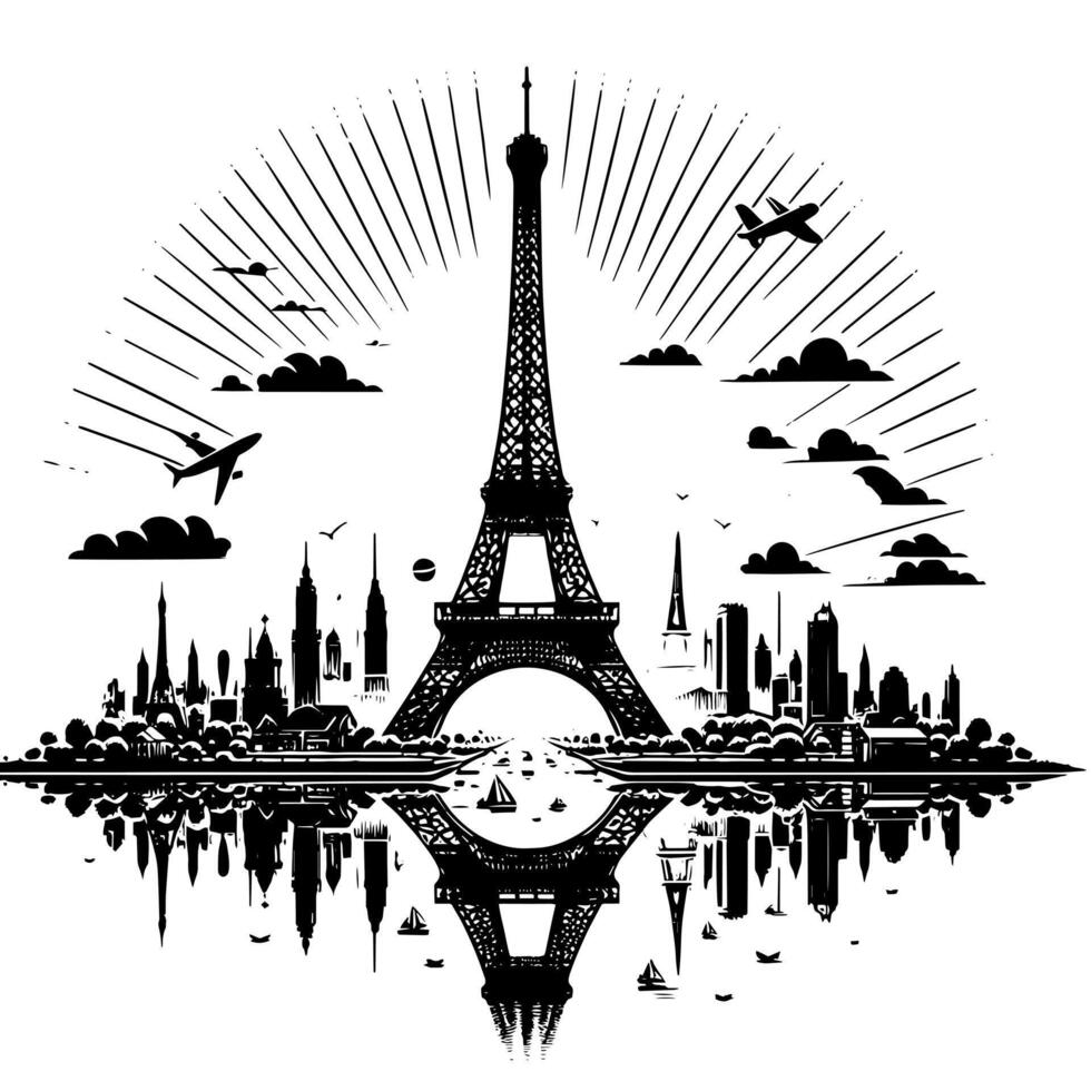 Black and White Illustration of the Eiffel Tower Sightseeing in Paris vector