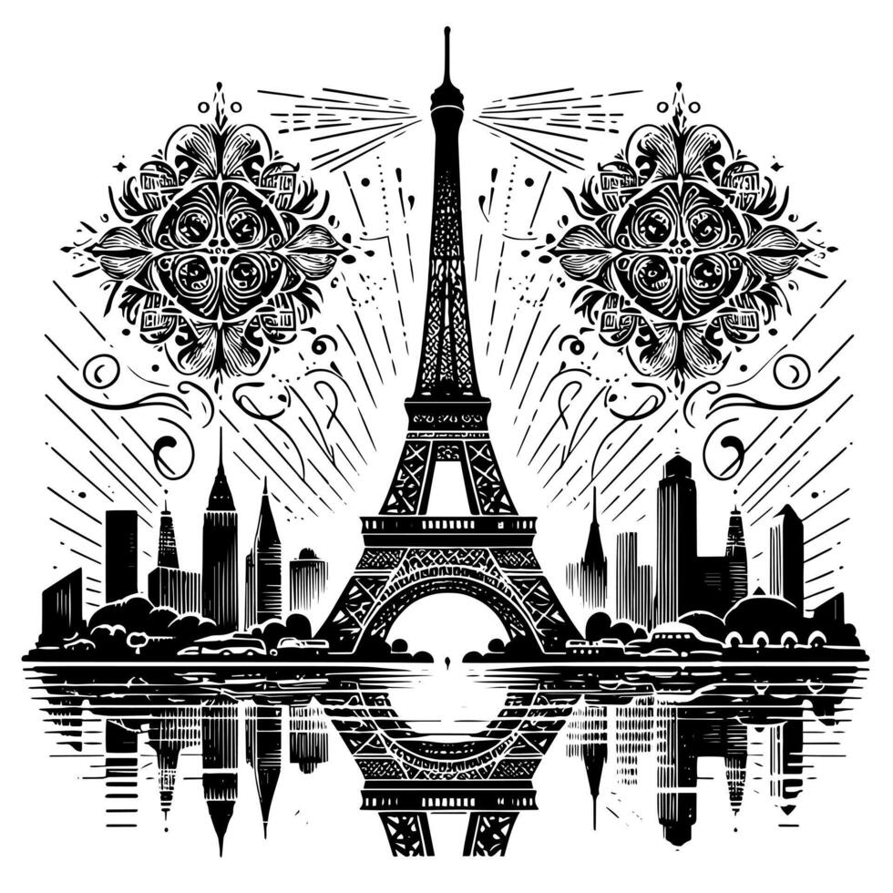 Black and White Illustration of the Eiffel Tower Sightseeing in Paris vector