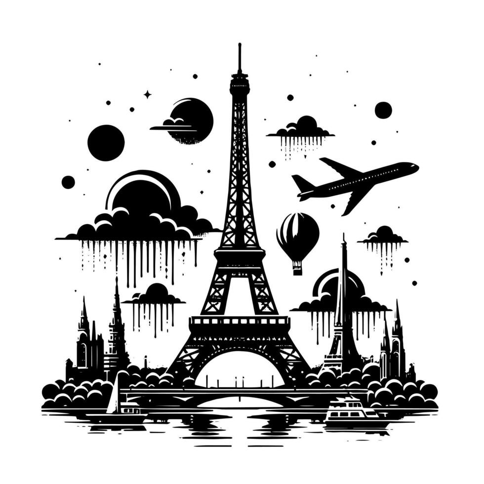 Black and White Illustration of the Eiffel Tower Sightseeing in Paris vector