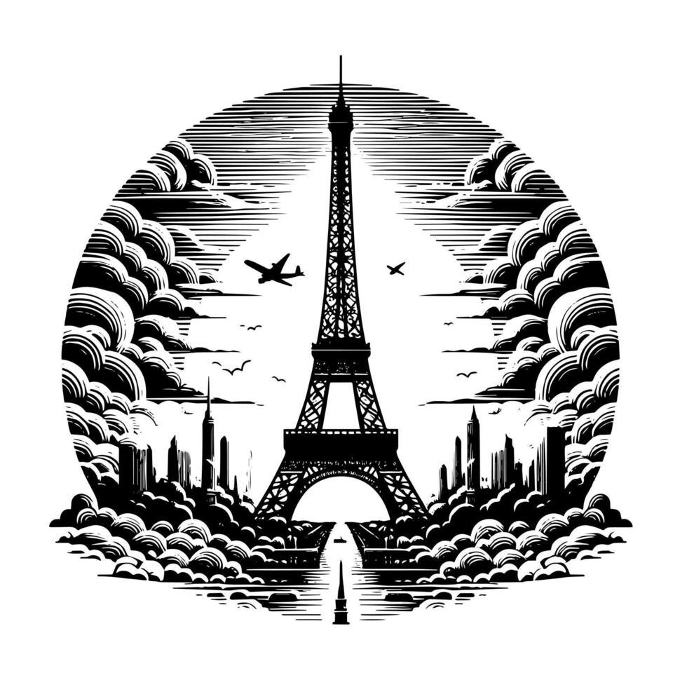 negro y blanco ilustración de el eiffel torre Turismo en París vector