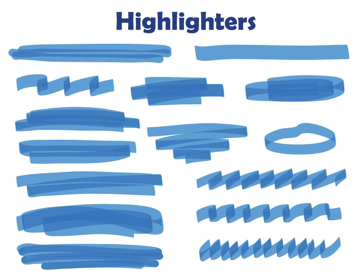 Marker Collection and Highlighter Set Isolated on White Background. Hand Drawn Brush Lines and Blue Marker Set. Graphic Stylish Elements. vector